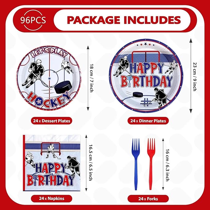 Grencian 98Pcs Hockey Party Supplies Ice Hockey Birthday Party Set Including Plates Napkins Forks and Tablecloth Disposable for Boys Kids' Birthday Hockey Fans Sports Games Themed Party Decoration