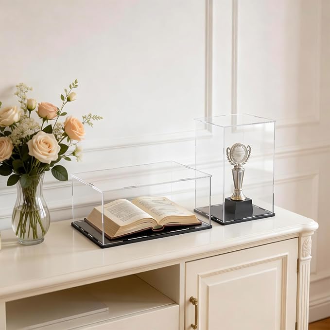 Acrylic Display Case with Matt Black Base and Lid, Dust-Proof Acrylic Box, Tall Showcase Counter-Tops Box for Red Wine Bottles, Figures, Dolls and Colletables (5x5x14 inch)