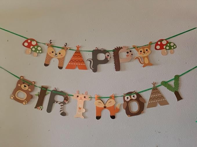 CC HOME Woodland Creature Birthday Banner,Woodland Animals Happy Birthday Forest Friend Animal Banner for Kids,Boys,Baby Shower,Birthday Party Decoration