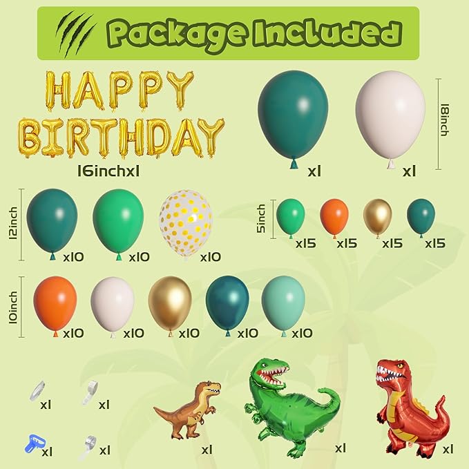 Amandir 165Pcs Dinosaur Balloons Arch Garland Kit, Sage Green Orange 6Pcs Dino Foil Balloons Happy Birthday Balloon for Jungle Safari Dinosaur Themed Party Decorations Supplies Boys