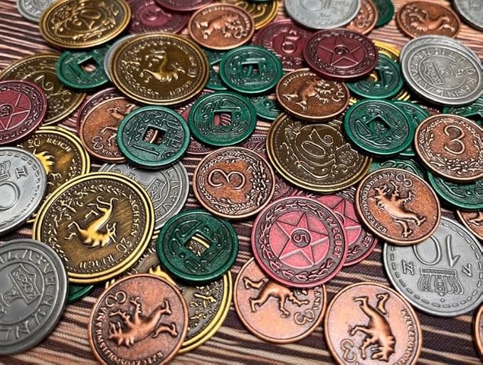 Stonemaier Games: Metal Coins (Scythe and Expeditions) | Metal Coins to Enhance Your Gameplay | 80 Coins with Unique Colors and Sides for Each Denomination - Values Include 1, 3, 5,10, and 20