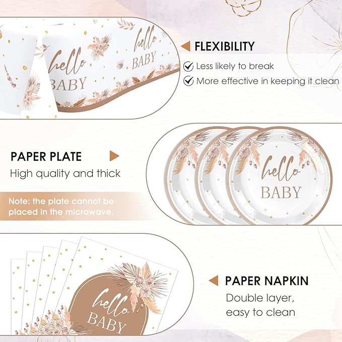 41Pcs Boho Baby Shower Decorations Bohemian Floral Pampas Grass Theme Tableware Neutral Birthday Decorations Boho Flower Paper Plates Napkins Tablecloth丨Boy Girl Birthday Baby Shower Party,Serves 20