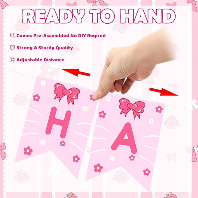 TaoBary Pink Cute Kitty Happy Birthday Banner Pre-strung Hanging Sign Cartoon Cat Birthday Decorations Kitty Themed Pink Party Supplies Cartoon Kitten Banners for Girls Women Birth Favors