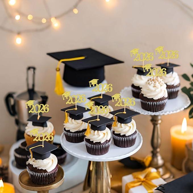 24 Pcs Graduation Cupcake Toppers 2026, Food/Appetizer Picks For Graduation Party Mini Cake Decorations, 2026 Cupcake Toppers(Gold)