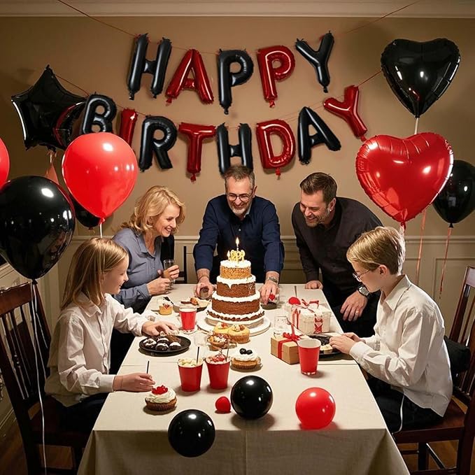 27 Pcs Black Red Birthday Decorations, 3D Letters Black Red Happy Birthday Balloon Banner, Pentagram Heart Foil Balloons Confetti Balloons Kit For Boys Girls Party Supplies