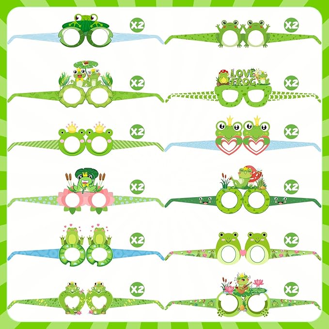 24 PCS Frog Party Paper Eyeglasses, Frog Party Favors Decorations Supplies, Frog Birthday Party Decorations Gifts Photo Booth Props for Kids Boys Girls