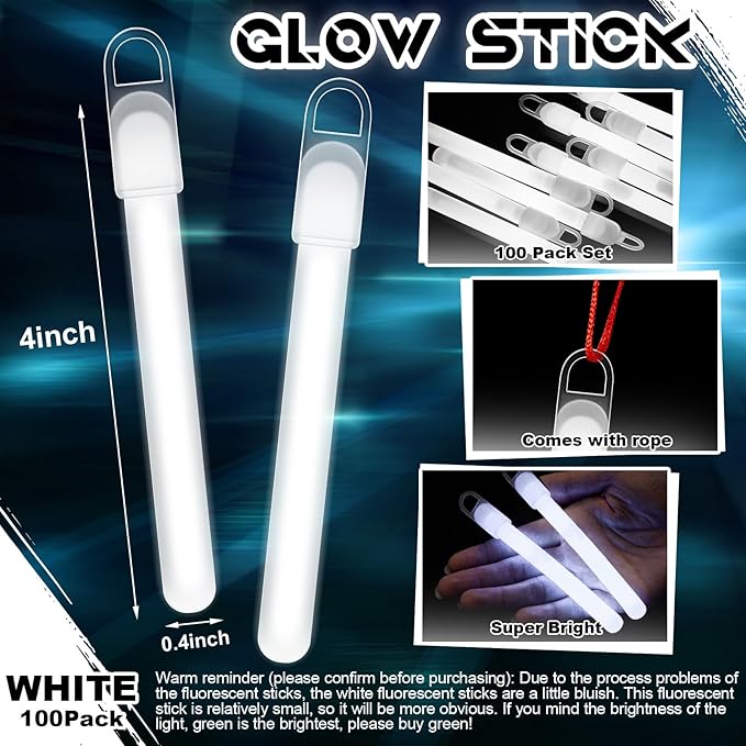 Lewtemi 100 Pack 4" or 6" Bright Glow Sticks Bulk, Glow in the Dark Party Supplies Birthday and Holidays (4 Inch,White)