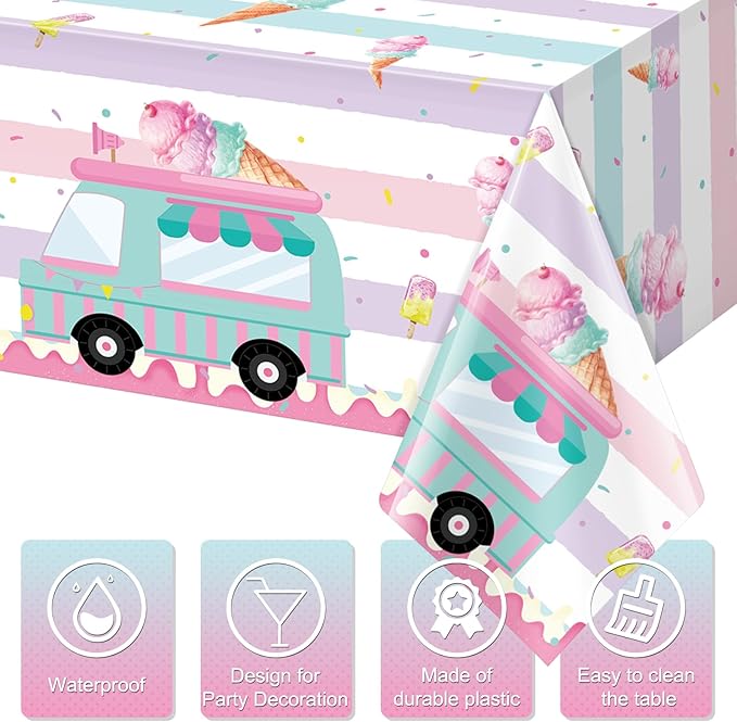 6 Pack Ice Cream Truck Tablecloth Party Decorations, Ice Cream Birthday Plastic Table Cloth Party Supplies, Disposable Rectangle Table Cover for Kids Sweet One Birthday Baby Shower, 54 x 108 Inch