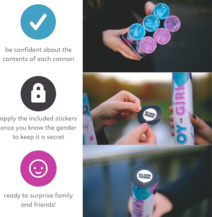 Gender Reveal Streamer Cannon | 6 Pack | 3 Blue and 3 Pink | Multicolor Streamers | Decoration for Gender Reveal Parties, Baby Showers | Launches 25 ft | 12 inch | TUR Party Supplies