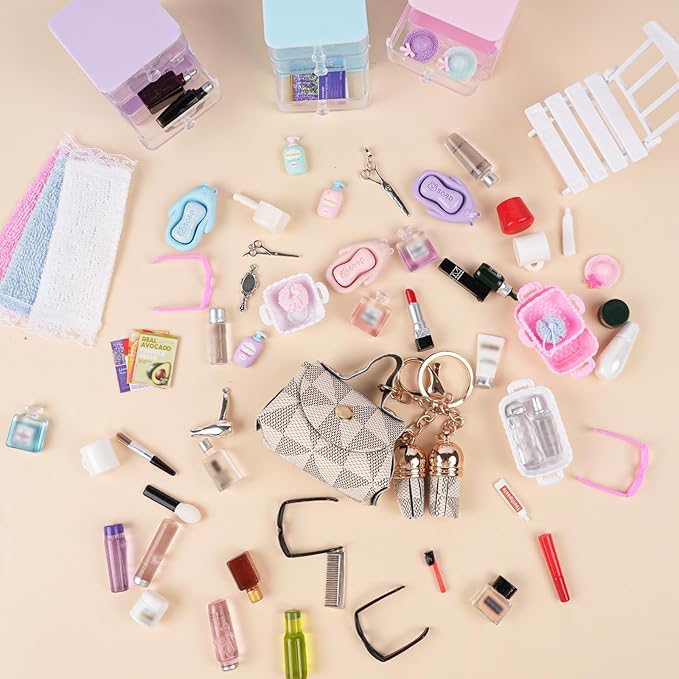 77Pcs Dollhouse Bathroom Accessories Set - Miniature Makeup & Toiletries with Storage Cases, Handbag, Hair Dryer - 1:12 Scale Doll House Decor for Girls