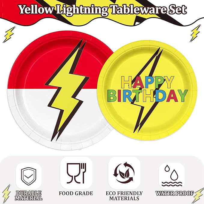 40PCS Red Yellow Birthday Party Plates and Napkins for Kids Cartoon Game Themed First Birthday Party Decorations Lightning Paper Plates Cartoon Animated Supplies Tableware Set 20 Guests