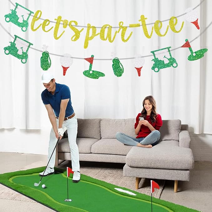 MEMOVAN Golf Birthday Banner Garland Let's Par-Tee Banner Golf Theme Retirement Banners Golfer Happy Birthday Garland for Golfer Lover Men Sports Par-Tee Time Party