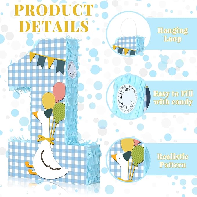 Set of 3 Goose 1st Birthday Piñata One Silly Goose Piñata 1st Birthday Party Game Set with Mask Stick Blindfold and Confetti Baby Shower Photo Props Game Supplies