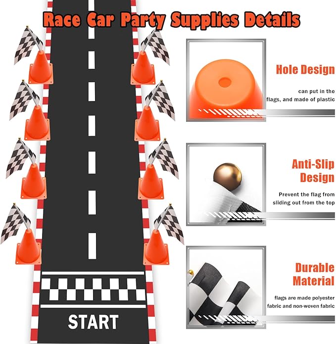 Windspeed Race Car Party Supplies, 38 Pcs Set: 24 Checkered Flags, 12 Mini Traffic Cones, 6.5Ft Racetrack Mat, 9.8Ft Hanging Flag, Birthday Decorations