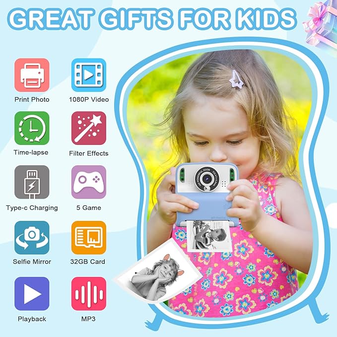 Instant Print Camera for Kids, Christmas Birthday Gifts for Age 3-12, 2.4 Inch Screen Children Selfie Digital Camera, Toddlers Portable Travel Toys for 3 4 5 6 7 8 9 10 Year Old Girls Boys (Blue)