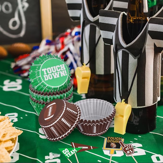 Football Party Supplies: 96-Count Football Cupcake Liners & 96pcs Cupcake Toppe -Game Day, Birthday, and Tailgate Parties - Premium Football Cake Decorations - Football Party Favors