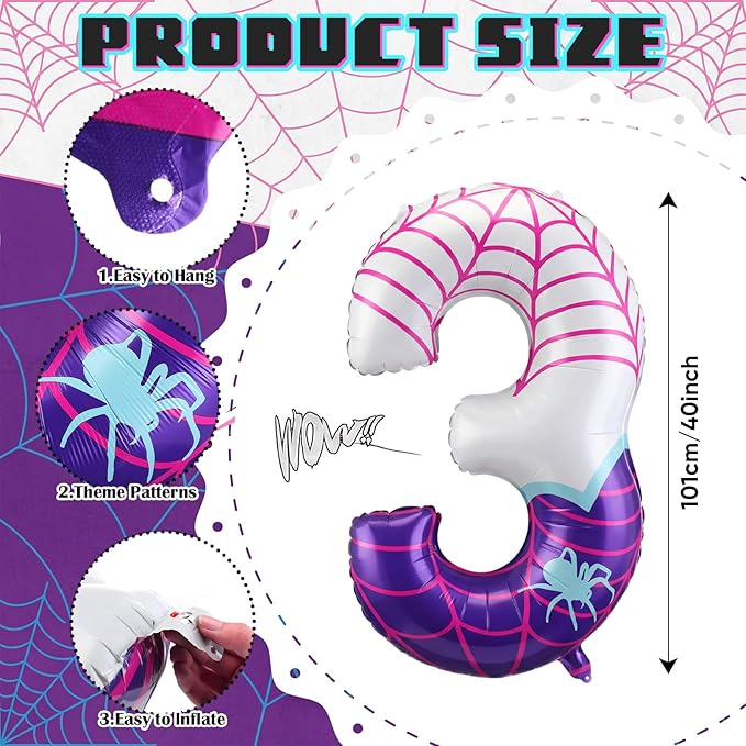 Spider Number 3 Balloons 40 Inch Purple Spider Theme Birthday Party Decorations Large Foil Balloons for 3th Birthday Party Backdrop Anniversary Celebration Supplies