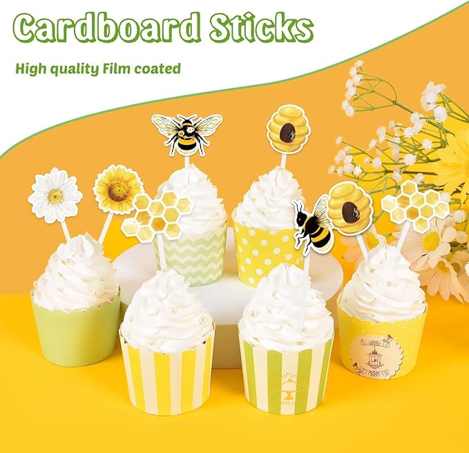 WERNNSAI 36 PCS Bee Cupcake Toppers - Bumble Bee Cake Decorations Honeycomb Cake Toppers Sweet Birthday Party Decorations for Kids Birthday Baby Shower Supplies