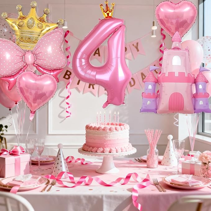 Princess Balloons for 4th Birthday Decorations Girl Pink Castle Balloon Large Pink Crown Number 4 Balloons for Princess Birthday Party Decorations Supplies