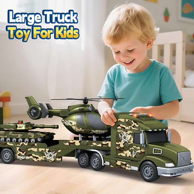 Toddler Boy Toys for 3 4 5 6 7 Years Kids, 27" Semi Army Truck Toy with Helicopters and Tank, Friction Powered Military Toys with Lights and Sounds, Birthday for Boy Girls