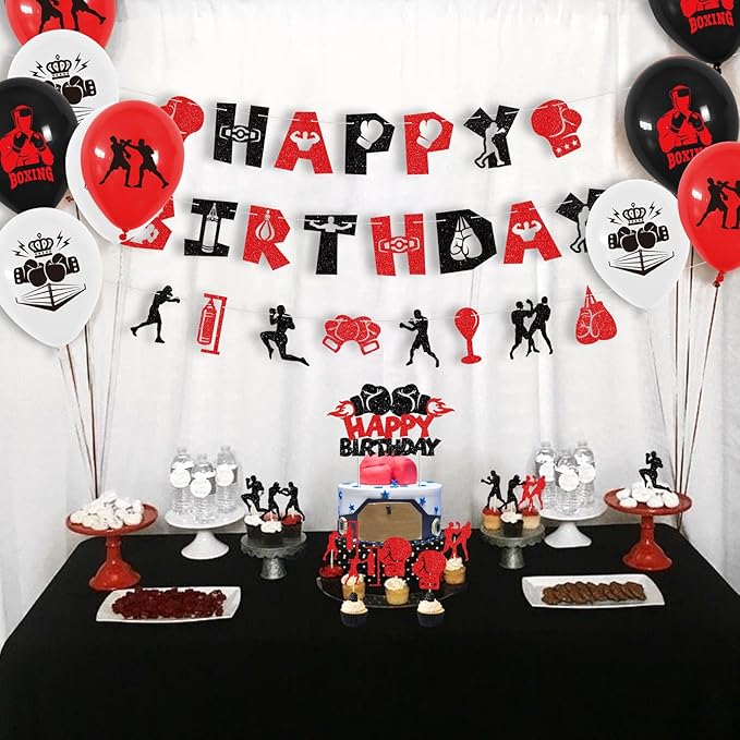KEFAN Boxing Birthday Party Decorations, Boxing Birthday Banner Cake Topper Balloons, Fight Sports Wrestling Party Supplies Boxer Boxing Match Theme Party Supplies