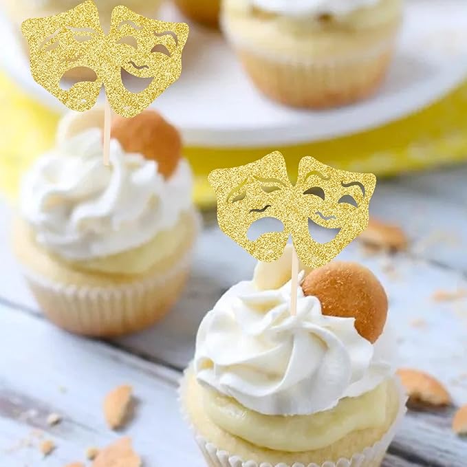 24 PCS Theatrical Mask Cupcake Toppers Gold Glitter Comedy Movie Night Cupcake Picks Film Festival Theme Birthday Party Cake Decorations Supplies