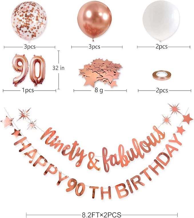 Rose Gold Ninety & Fabulous Happy 90th Birthday Banner Garland Foil Balloon 90 for Womens 90th Birthday Decorations Hanging 90 and Fabulous Cheers to 90 Years Old Birthday Party Supplies Backdrop