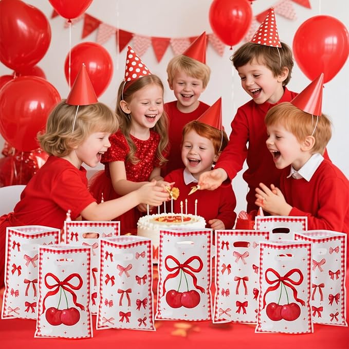 Bow Party Favor Bags - 50Pcs Red Cherry Goody Candy Treat Gifts Bags Bow themed Party Decorations for Kids Girls Women Birthday Wedding Bridal Baby Shower Bachelorette Party Supplies