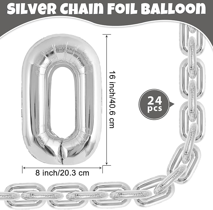 24 Pcs Giant Silver Chain Balloons Garland, 16 Inch Foil for 80s 90s Party Decorations, Birthdays, Weddings, Graduations, Hip Hop Retro Theme Party Supplies