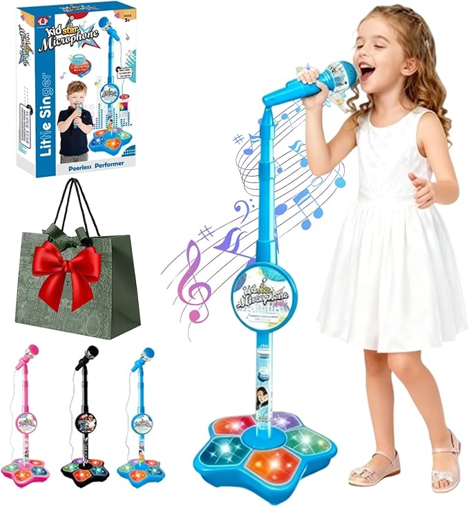 The All-in-One Microphone Toy, 2026 New Toy Microphone for Kids with Stand & Colorful Lights, Got Built-in Music, Echo Effects, Fun and Easy-to-Use, for Little Singers (Blue)