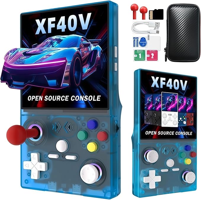XF40V Retro Handheld Game Console, 4.0 Inch IPS HD Screen,Interchangeable Arcade Stick,Linux System, Preloaded Classic Games with Multiple Emulators, 4000mAh Battery,Ideal Gift (Translucent Blue)