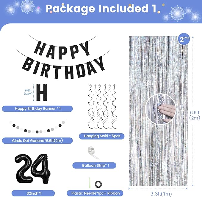 24th Birthday Decorations for Boys Girls, Silvery and Black Happy 24th Birthday Banner ,Number 24 Balloons Arch Kit for 24 year old Birthday Party Decorations.