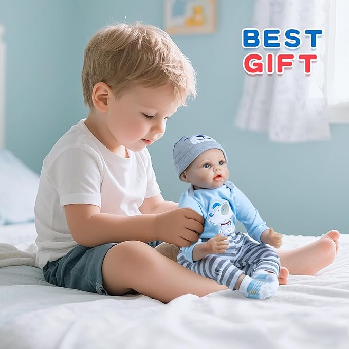PEDOLLTREE Reborn Baby Dolls Clothes Boy Blue Dog Outfit Accessories 13 Pcs for 17-22 Inches Reborn Doll Newborn Boy with Blue Dot Bassinet