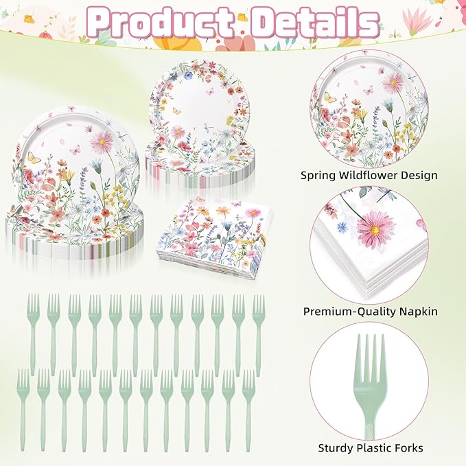 96 Pieces Spring Wildflower Floral Tableware Set – Garden Flower Disposable Plates, Napkins for Spring Birthday, Bridal Shower, Tea Party, and Mother’s Day Celebrations – Serves 24 Guests