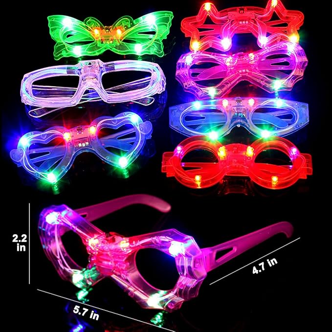 24 Packs LED Glasses for kids Glow in the dark Party Supplies Favor,6 LED 6 Shapes Glasses Flashing Plastic Light up Glass Toys Bulk 3 Replaceable Battery fit Easter Basket Stuffers Party Supplies