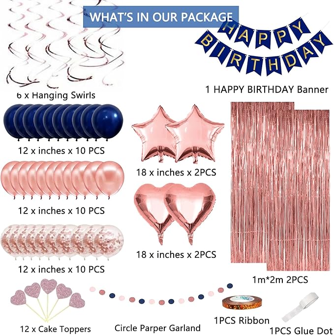 Navy Blue Rose Gold Happy Birthday Decorations Kit, Rose Gold Balloons Birthday Party Supplies for Women Girls Men, Happy Birthday Banner, Circle Dot Garland, Fringe Curtains, Latex Confetti Balloons