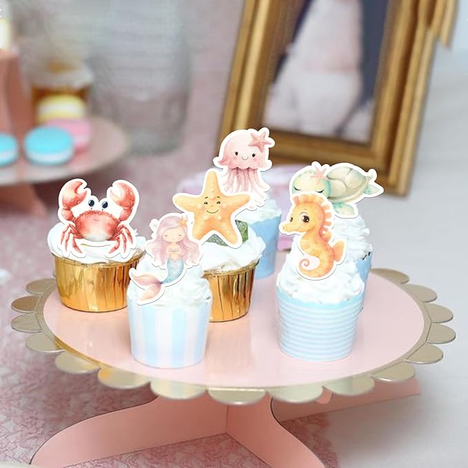 60 PCS Edible Ocean Animal Cupcake Toppers Sea Ocean Birthday Cake Decorations Edible Turtles Octopus Seahorse Crab Starfish Mermaid Cupcake Picks for Under the Sea Theme Baby Shower Party Supplies