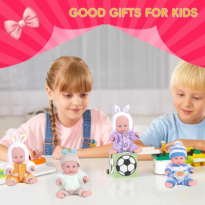 4 Pcs 7 Inch Baby Doll Playset with 4 Adorable Clothes, Mini Reborn Baby Dolls Nursery Toys for Toddlers Girls Kids 3+