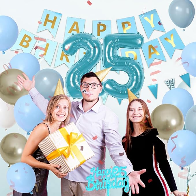25th Birthday Decorations, Blue Happy Birthday Party Decorations With Teal Blue Number 25 Balloons Dusty Macaron Blue White Balloons Fringe Curtain Banner Cake Topper For Man Woman Party Supplies