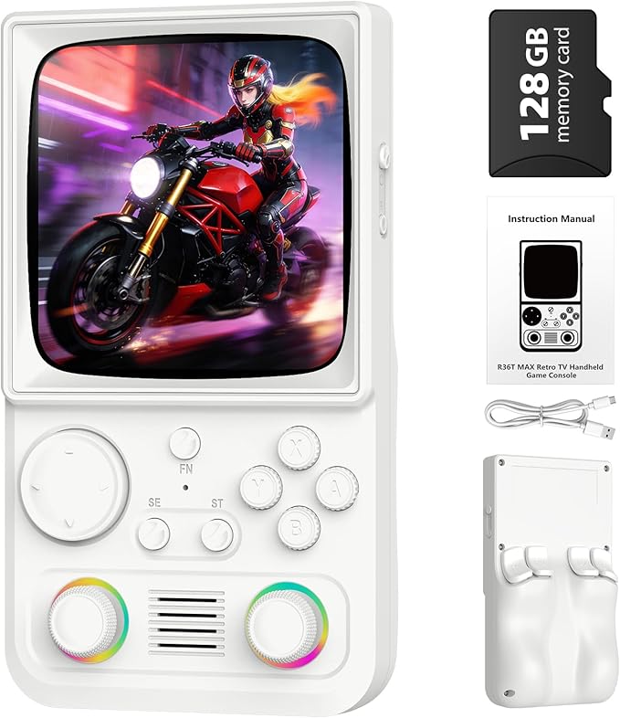 R36TMAX Upgraded Retro Handheld Game Console with 4000mAh Battery, 4.0'' IPS Screen, Retro Gaming Console with Portable Case, Supports WiFi Networked Fighting and OTG (128GB White)