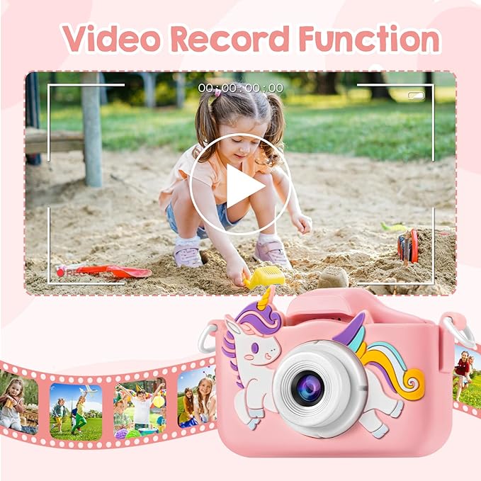 Kids Camera, Toys for Age 3-9 Year Old Toddler Digital Camera, Girls Christmas Birthday Gifts, Selfie Camera with Cartoon Soft Silicone Cover and 32GB Card (Sakura Pink)
