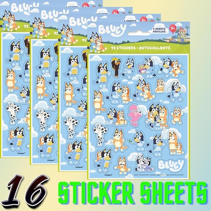 Unique Bluey Birthday Party Supplies Pack, 16 Bluey Sticker Sheets and 16 Bluey Loot Bags, Party Favors Set for Kids Age 3+ Favor Bags for kids to take home