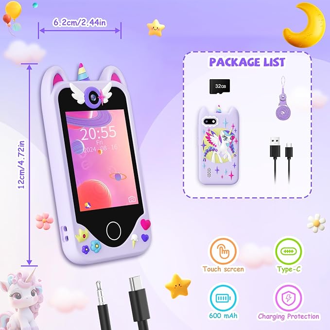 Kids Smart Phone for Girls - Toddler Christmas Birthday Gift, Pretend Phone with Touchscreen, Dual Cameras, Learning, Music Player, Games, 32GB Card, Ages 3-10, Unisex