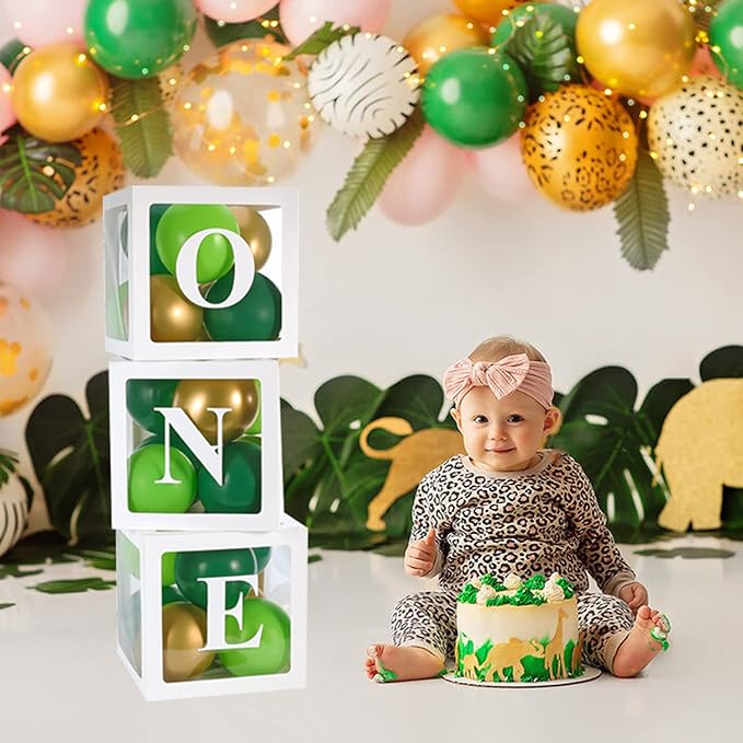 First Birthday Decorations for Boy - ONE Balloon Boxes with Green and Golden Balloons, Blocks for Safari Dinosaur Wild One Theme Baby 1st Birthday Backdrop, Cake Smash Photo Props