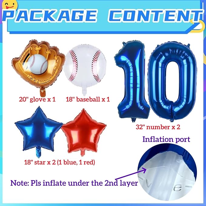 Baseball Balloons 10th Birthday Decorations for Boys | Baseball Birthday Decoration Sports Theme Party Supplies, 32Inch Foil Mylar Number 10 Balloon Navy Blue Red White Sports Balloon Arch Kits
