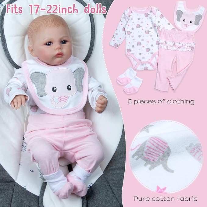 Reborn Baby Doll Clothes Pink Elephant 12 Pcs for 18-20 Inch Baby Doll Clothes Butterfly Backpack Diapers Accessories Girl