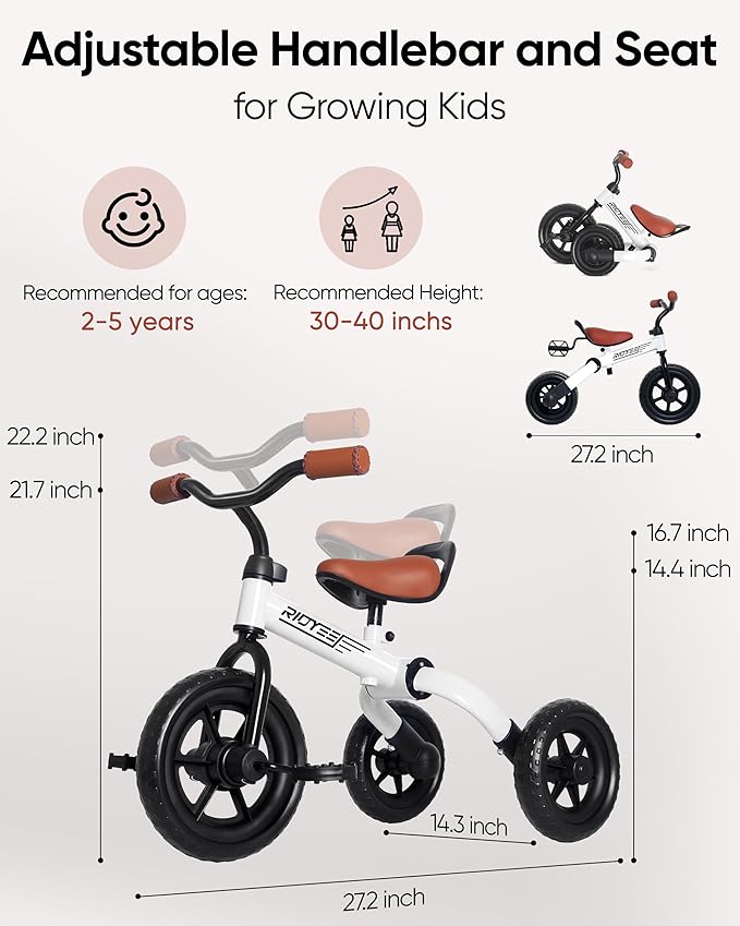 3-in-1 Foldable Tricycle and Balance Bike for Toddlers 2 to 5 Years, Tricycle for 2 Years with Adjustable Handlebar and Seat, Tricycles for 3-5 Years with DIY Plate, White