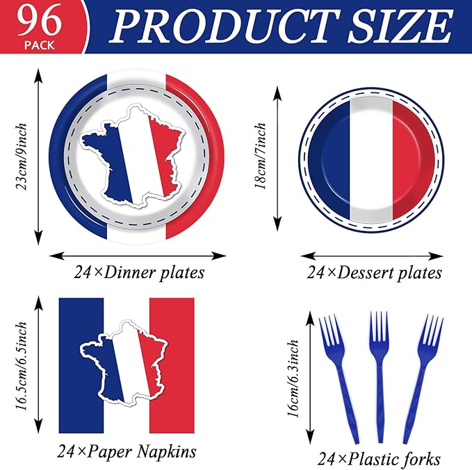 gisgfim 96Pcs France French Flag Party Supplies Paper Plates Napkins France Flag Party Tableware Set National Theme Party Decorations Favors for French Family Gathering Birthday Dining Serves 24