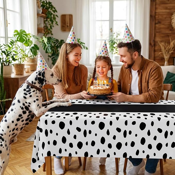 Irenare 6 Pcs Dalmatian Tablecloth Polka Dot Tablecloth Printed Table Runner Waterproof Disposable Art Table Cover for Birthday Wedding Picnic Tea Party Decoration, 54" x 108"(Black)