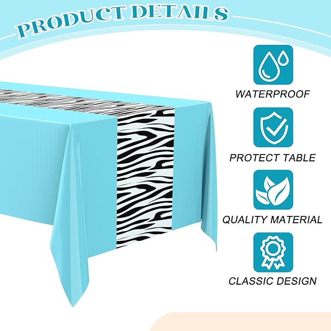 Buryeah 3 Pcs Zebra Tablecloth Zebra Print Plastic Table Cloth Disposable Tablecloth Animal Safari Table Cover 54 x 108'' for Baby Shower Wedding Birthday Party Decorations Supplies (Blue)